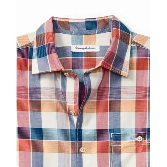Tommy Bahama Men's Big & Tall 2XB Pure Coral Mendocino Button Front Plaid Shirt - Picture 7 of 9